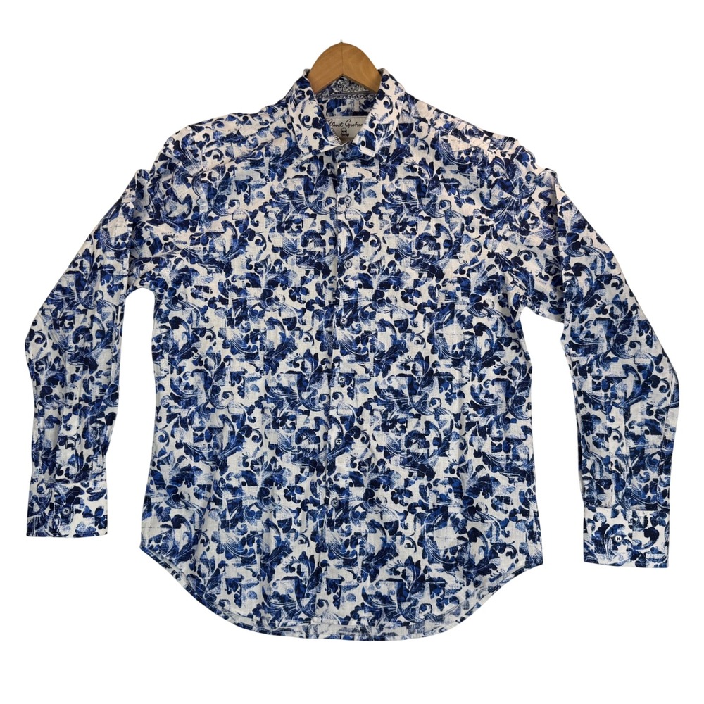 Robert‎ Graham Classic Fit Blue White Floral Linen Blend Long Sleeve Shirt Sz L
